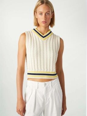 AMO Selma Cream Cable Knit V-Neck Sweater Vest with Yellow & Navy Stripes